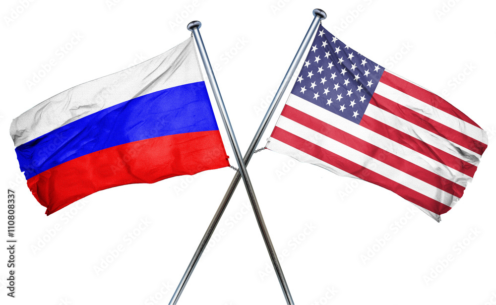 Russia flag with american flag, isolated on white background