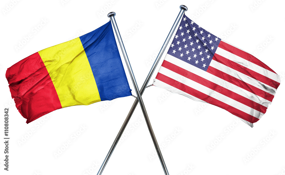 Romania flag with american flag, isolated on white background