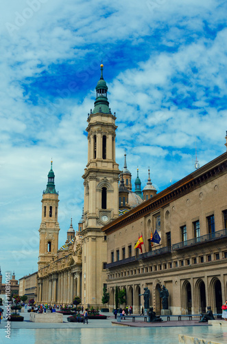 Zaragoza, Spain - September 14, 2015: Zaragoza historical center. Our Lady of the Pillar Basilica and old city square.