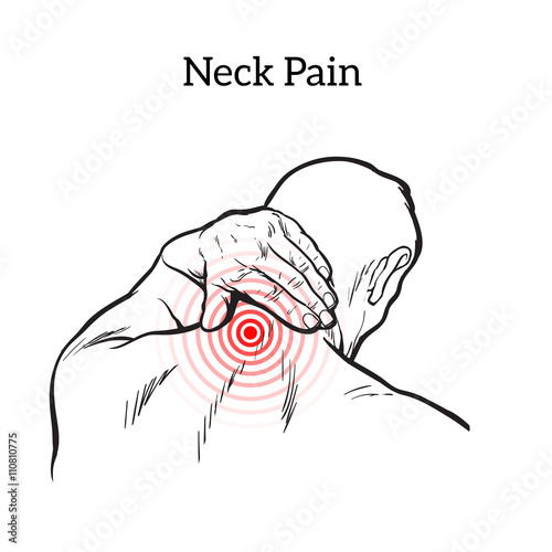 Pain in the neck of a man, vector sketch illustration isolated, man holding his hand sore neck, spine disease or muscle overexertion, human neck injury,  black and white illustration