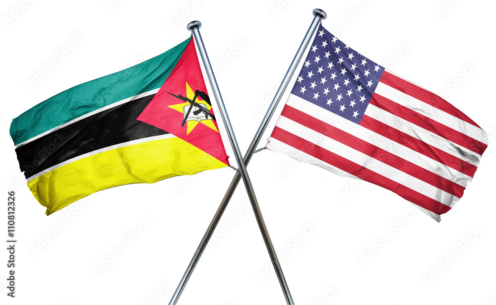 Mozambique flag with american flag, isolated on white background