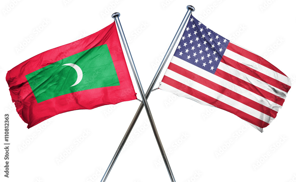 Maldives flag with american flag, isolated on white background