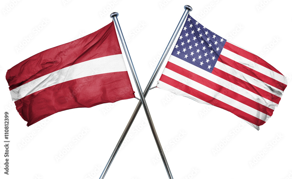 Latvia flag with american flag, isolated on white background Latvia flag with american flag, isolated on white background