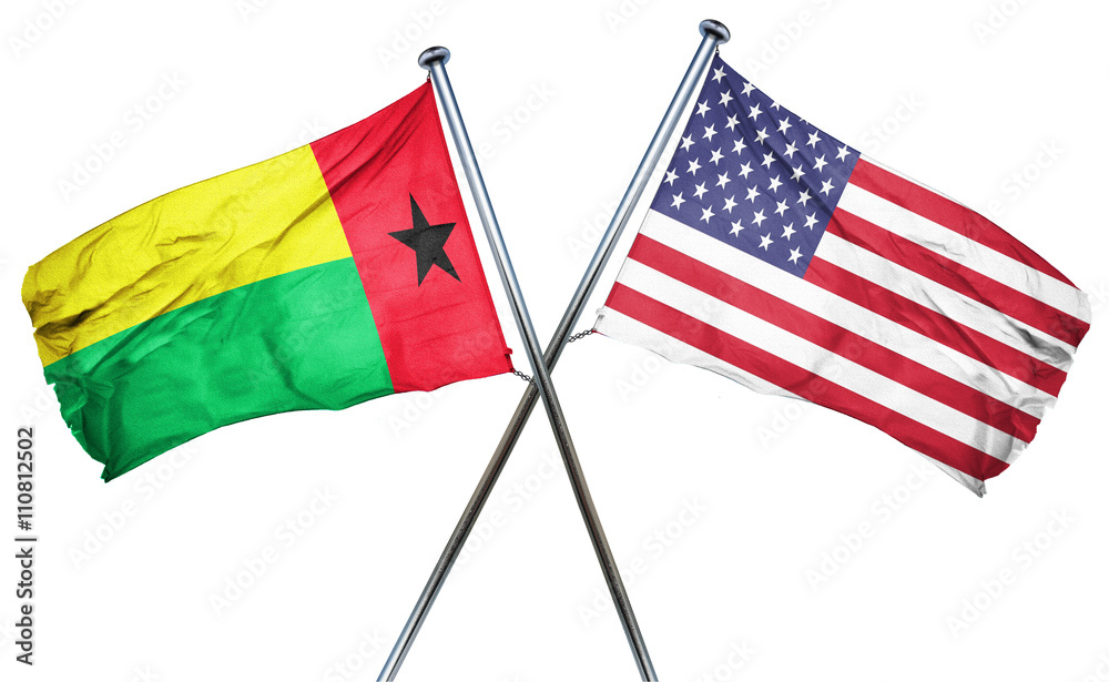 Guinea bissau flag with american flag, isolated on white backgro