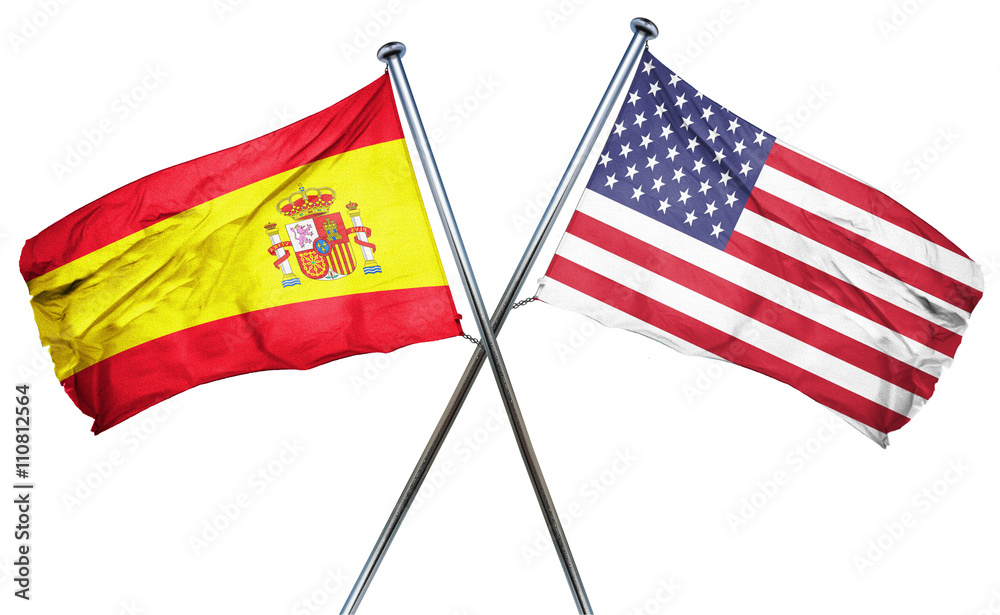Spanish flag with american flag, isolated on white background Spanish flag with american flag, isolated on white background