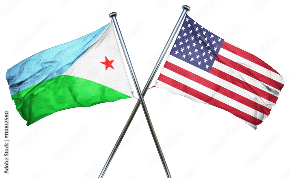 Djibouti flag with american flag, isolated on white background