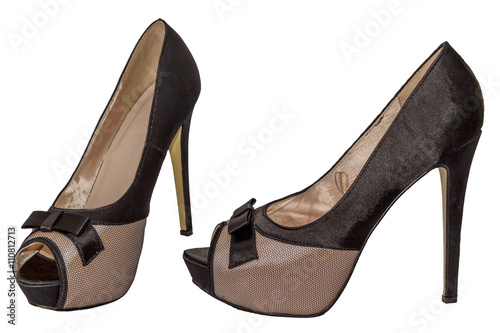 Shoes women's open toe mesh bow high heel beige black