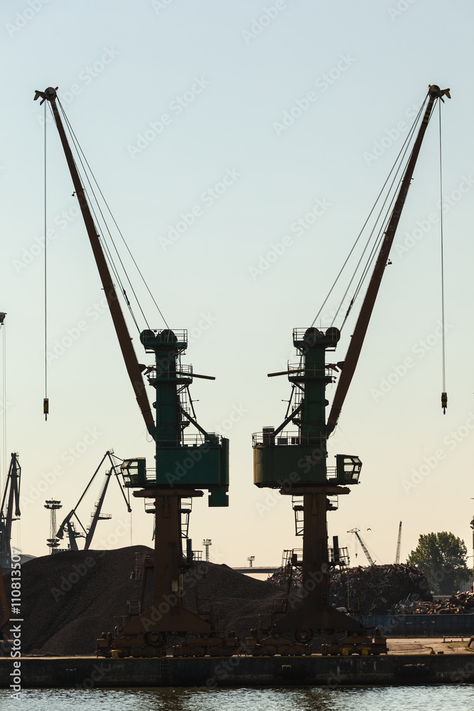 Cranes in morning harbour.