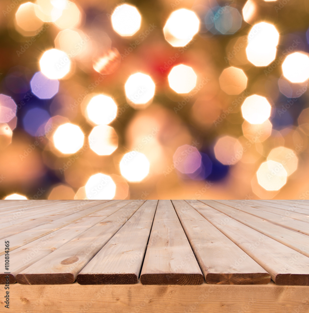Wooden deck perspective in front of glitter colorful boked Wooden deck perspective in front of glitter colorful boked