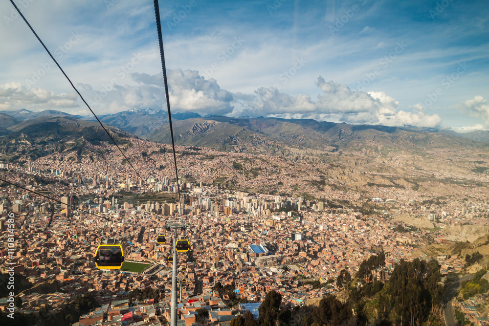 Aerial view of La Paz with Teleferico (Cable car), Bolivia