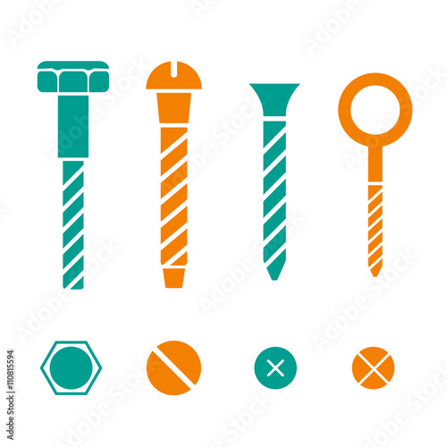 Construction hardware icons. Screws, bolts, nuts and rivets