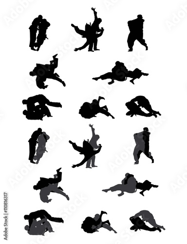 Jiu-jitsu and judo wrestlers vector silhouettes 