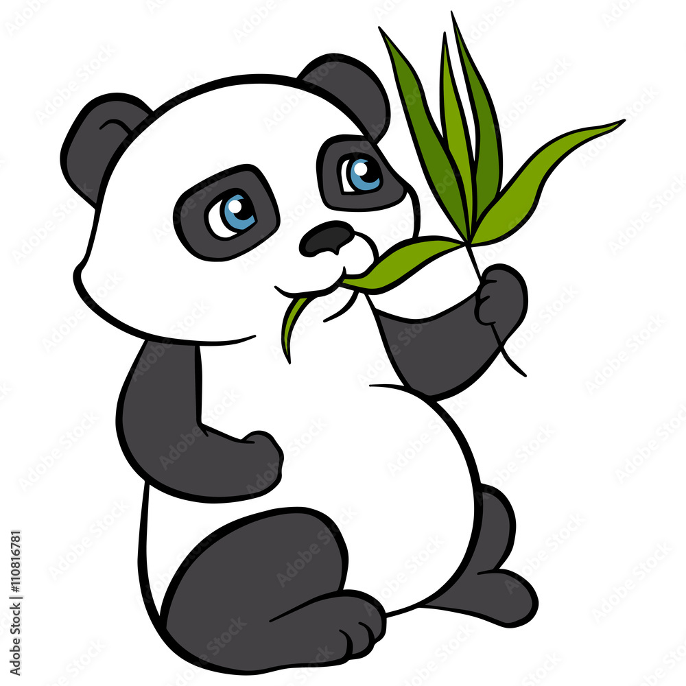 Cartoon wils animals for kids. Little cute panda eat leaves and smiles. He  is happy. Stock Vector | Adobe Stock
