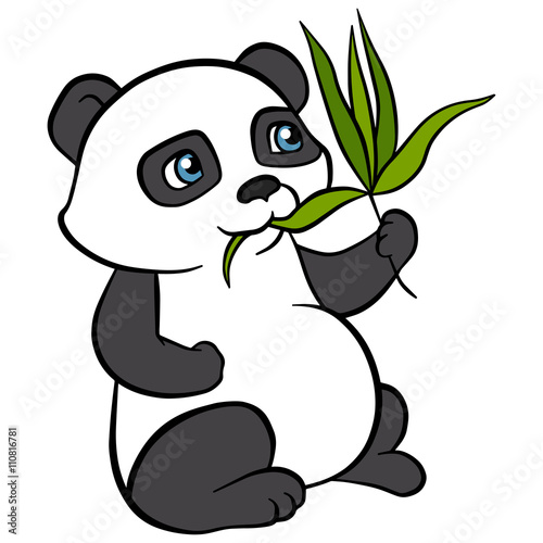 Fototapeta Naklejka Na Ścianę i Meble -  Cartoon wils animals for kids. Little cute panda eat leaves and smiles. He is happy.