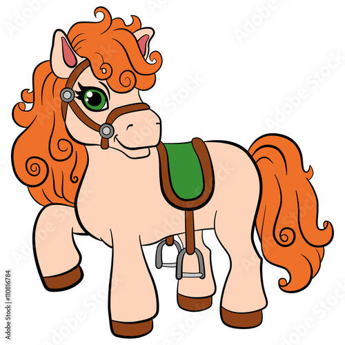 Cartoon farm animals for kids. Little cute pony with beautiful orange mane stands and smiles. She is happy.