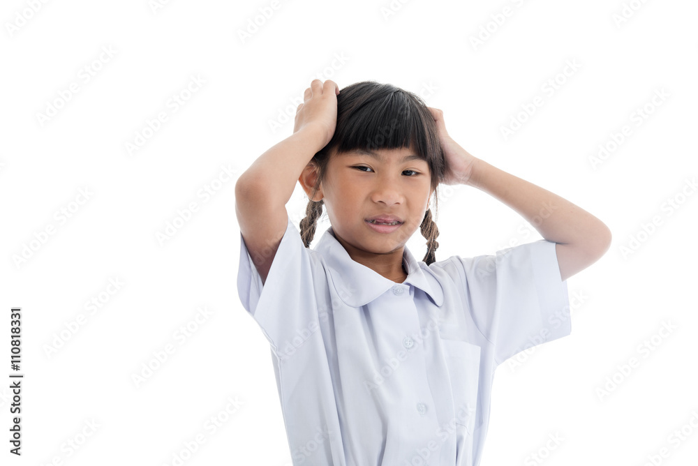 Asian school girl in uniform scratching her head Asian school girl in uniform scratching her head