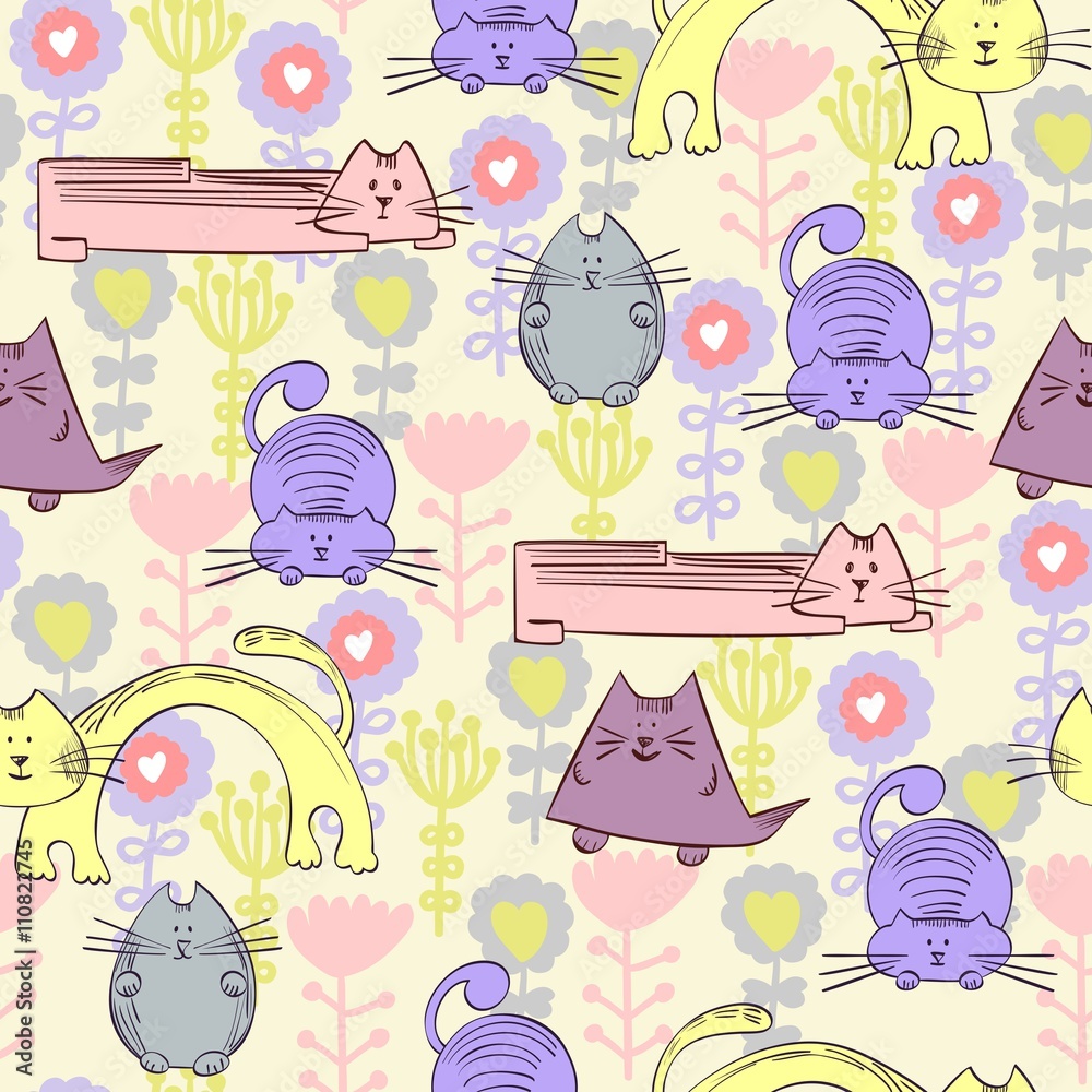 Fototapeta premium Vector hand drawn seamless pattern with cats
