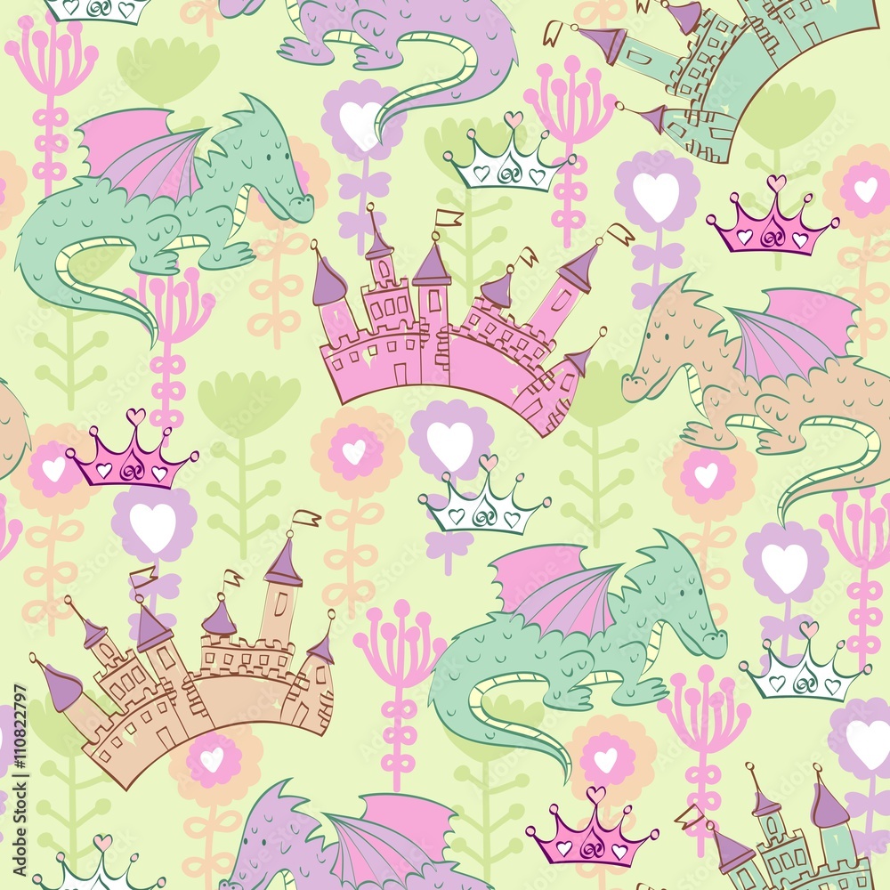 Vector background with castle and cartoon dragons. Seamless pattern can be used for wallpapers, pattern fills, web page backgrounds,surface textures