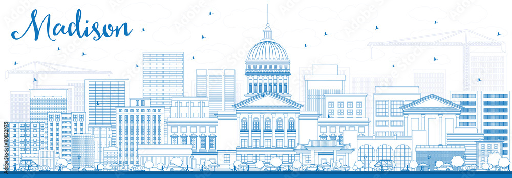 Outline Madison Skyline with Blue Buildings.