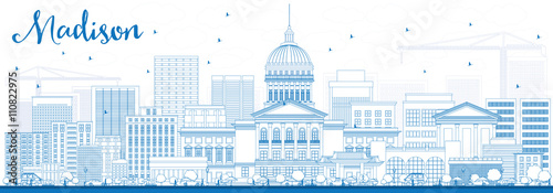 Outline Madison Skyline with Blue Buildings.