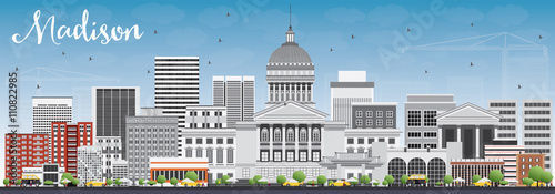 Madison Skyline with Gray Buildings and Blue Sky.
