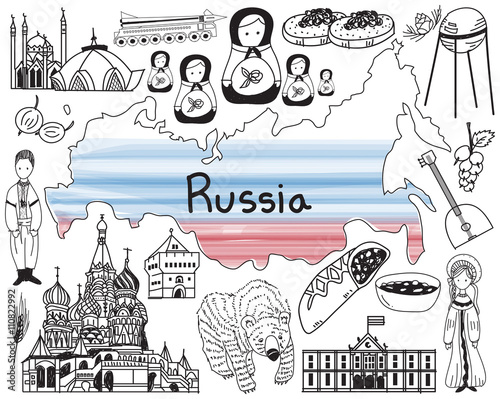Travel to Russia doodle drawing icon with culture, costume, landmark and cuisine tourism concept in isolated background. Vector 
