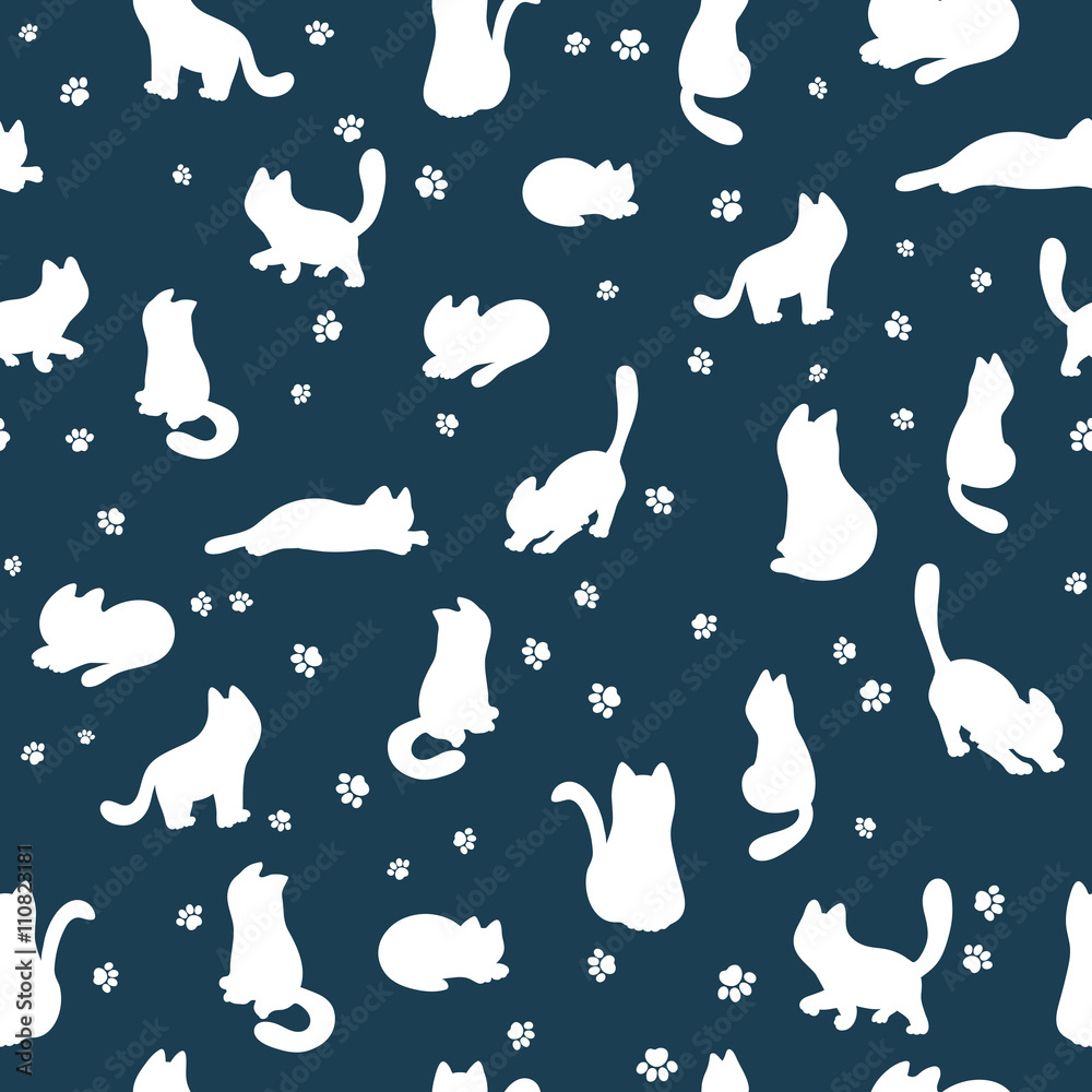 vector hand drawn seamless pattern with sitting, walking, creeping and lying cat silhouette