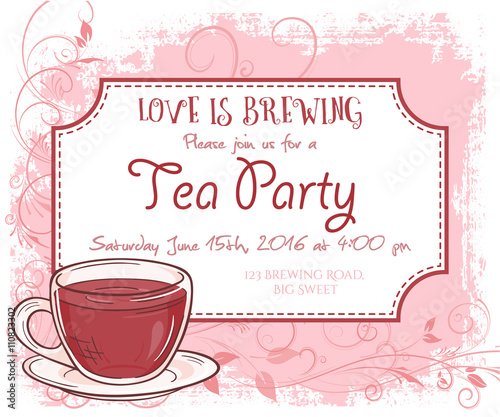 vector hand drawn tea party invitation card, vintage frame, glass and leaves