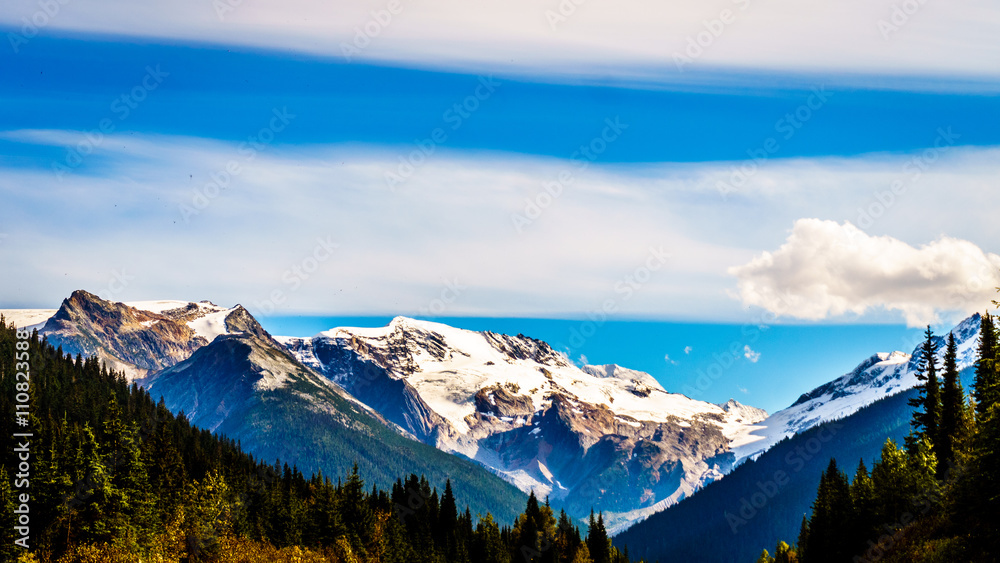 Mountain peaks in the Rocky Mountains at Rogers Pass in British Columbia