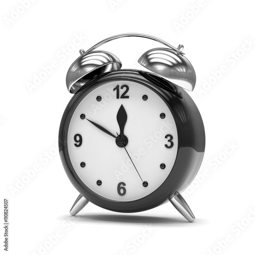 Black alarm clock on white. 3d rendering.