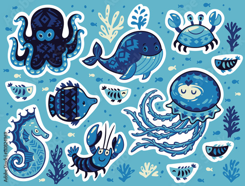 Sticker set of ocean animals in cartoon style