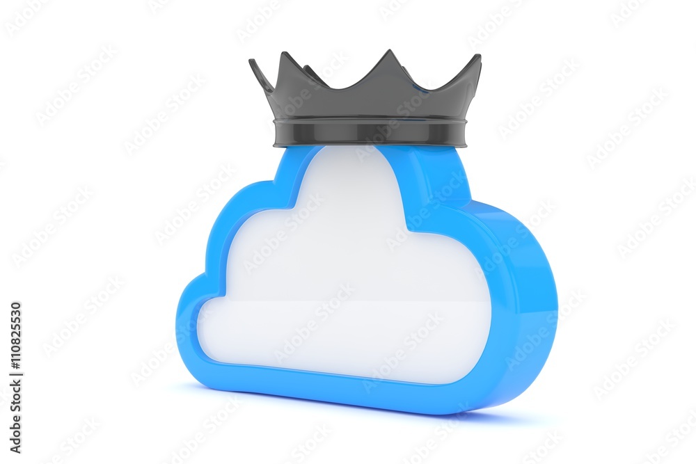 Isolated blue cloud icon with black crown on white background. Symbol of communication, network and technology. Broadband. Online database. 3D rendering. Isolated blue cloud icon with black crown on white background. Symbol of communication, network and technology. Broadband. Online database. 3D rendering.