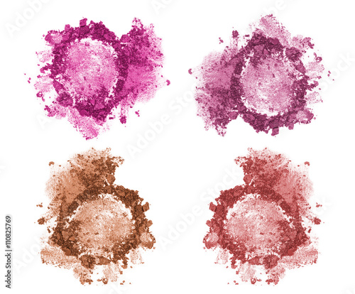 Set of four blushes and face correctors isolated on white. Crushed blushes set in trendy bright colors. Blush and correction powder isolated. Pink purple and brown face correctors concept.