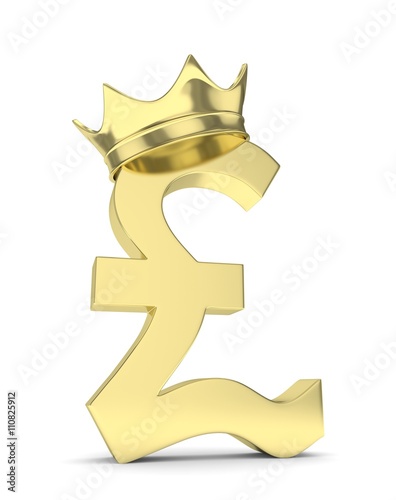 Isolated golden pound sign with crown on white background. British currency. Concept of investment, european market, savings. Power, luxury and wealth. Great Britain, Nothern Ireland. 3D rendering.