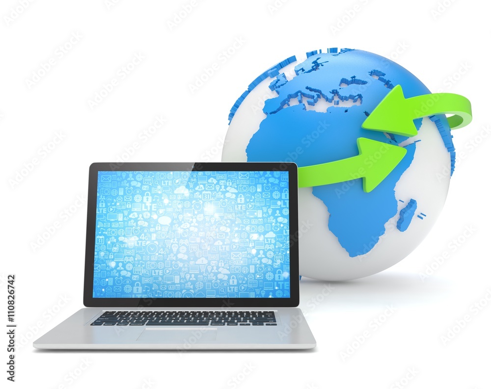 Laptop network and earth globe. 3d rendering.