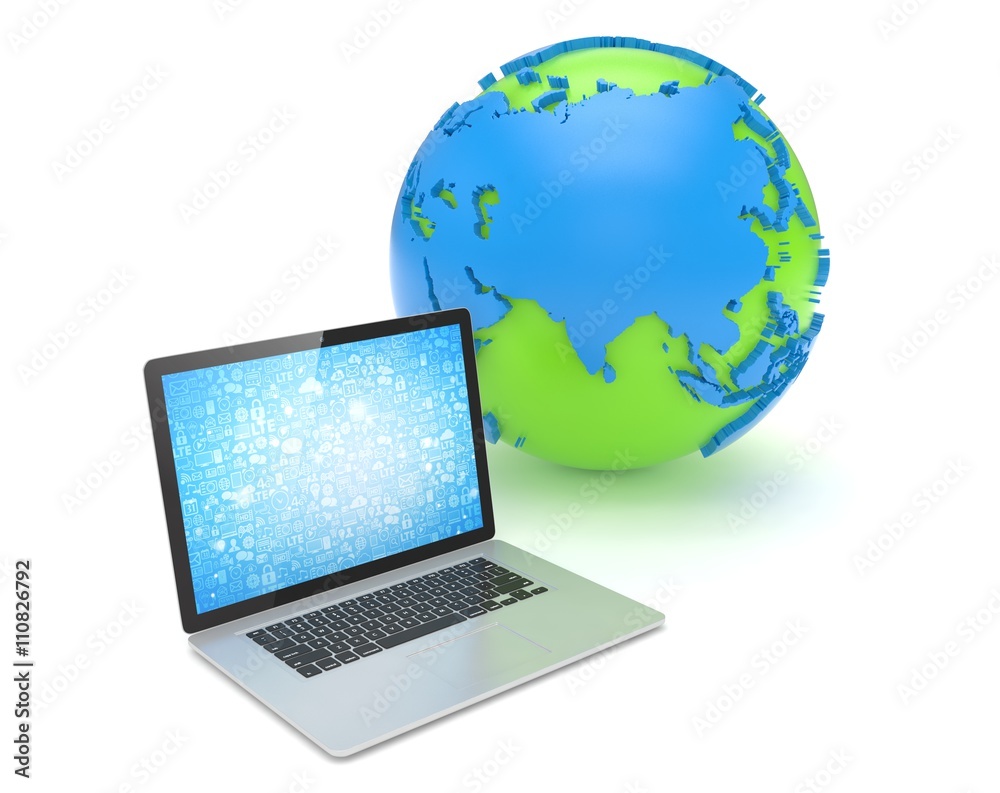 Laptop network and earth globe. 3d render Laptop network and earth globe. 3d render