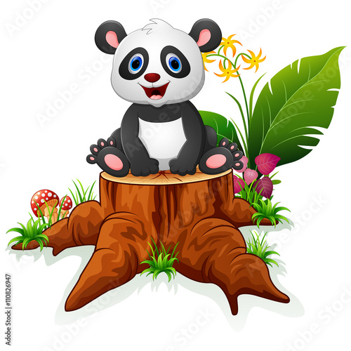 Fototapeta Naklejka Na Ścianę i Meble -  Cute panda sit on tree stump