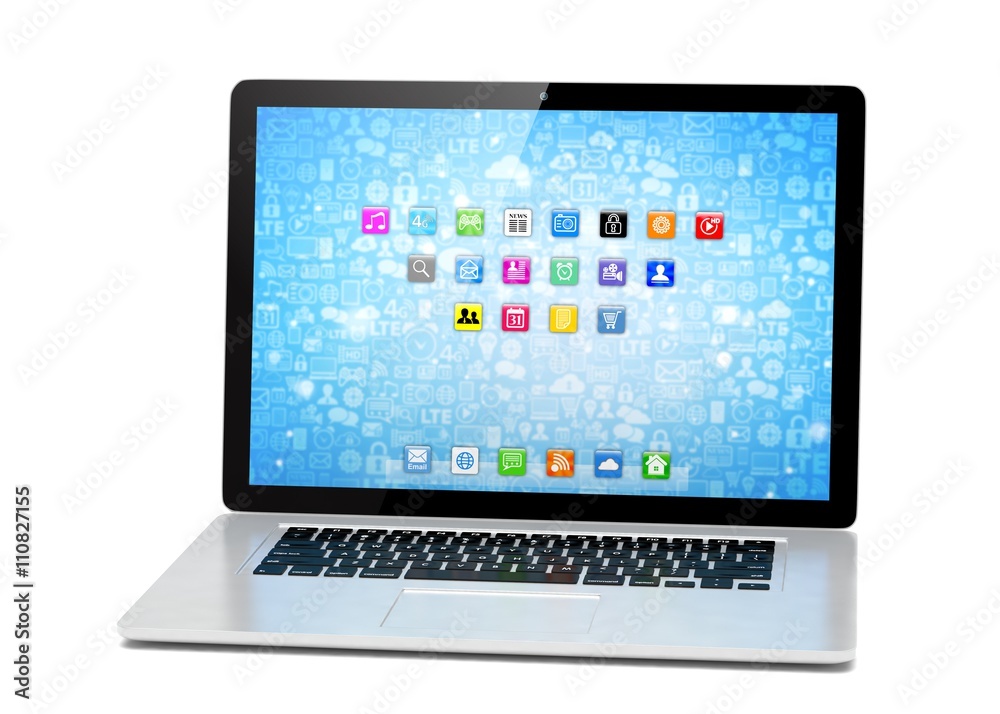 3d rendering of a laptop with blue wallpaper with app icon 3d rendering of a laptop with blue wallpaper with app icon