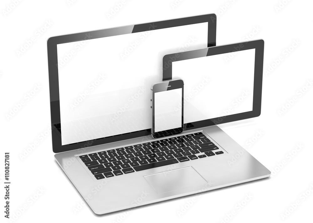 laptop, tablet, phone, on white. 3d rendering. laptop, tablet, phone, on white. 3d rendering.