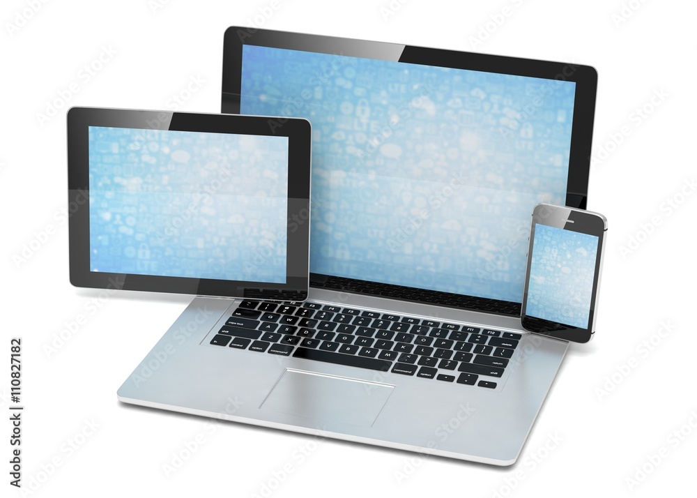 laptop, tablet, phone, on white. 3d rendering. laptop, tablet, phone, on white. 3d rendering.