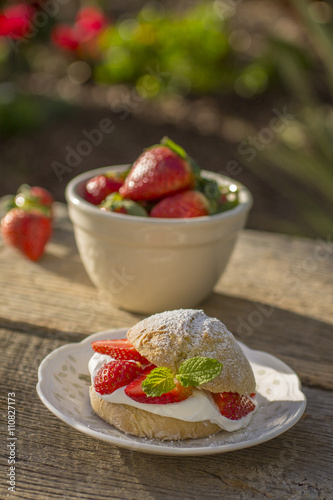 Strawberry Shortcake with Bowl of Strawberries in the Background