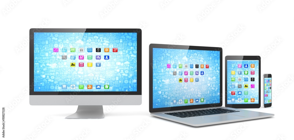 Responsive web design, laptop, smartphone, tablet, computer, display. 3d rendering.