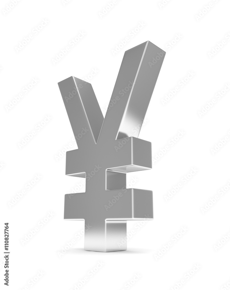 Fototapeta premium Isolated silver yen yuan sign on white background. Chinese japanese currency. Concept of investment, asian market, savings. Power, luxury and wealth. 3D rendering.