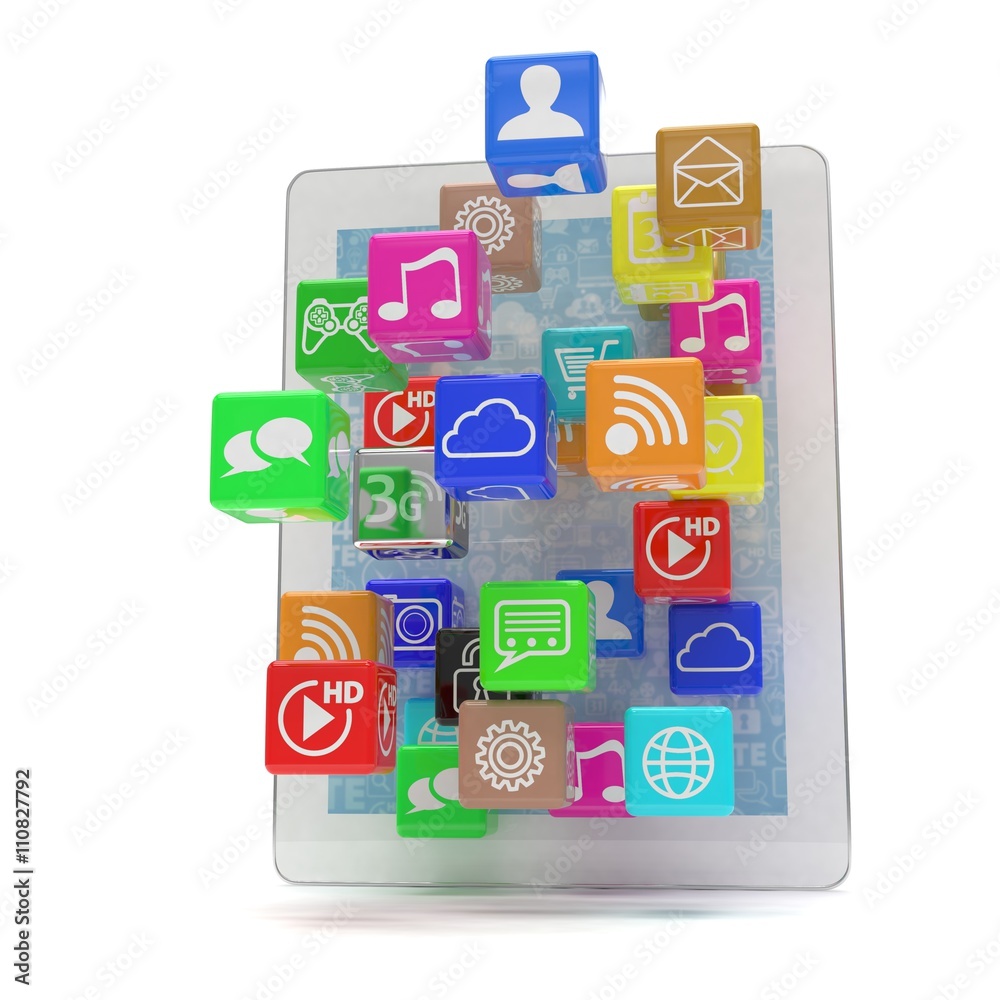 icon app fall in tablet pc. 3d rendering. icon app fall in tablet pc. 3d rendering.