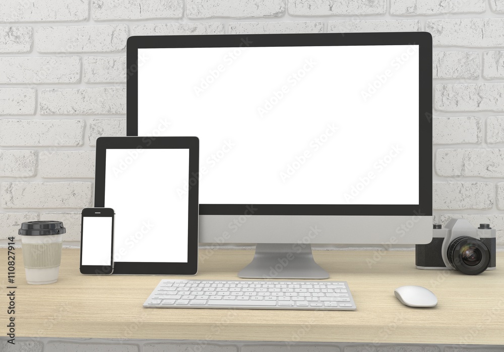 Responsive mockup screen. Monitor, tablet, phone on table in office. 3d rendering. Responsive mockup screen. Monitor, tablet, phone on table in office. 3d rendering.