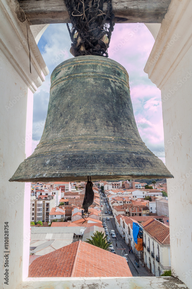 Obraz premium Bell of Templo Nuestra Senora de la Merced church in Sucre, capital of Bolivia.