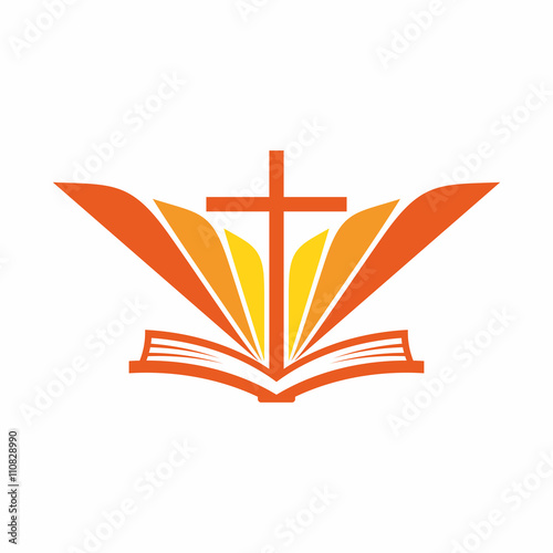 Church logo. Bible, Jesus' cross and angel wings.