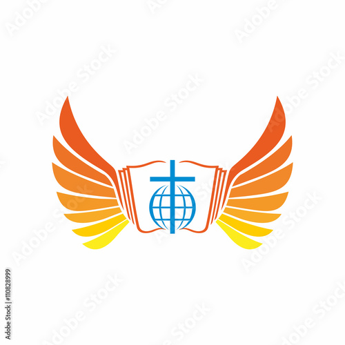 Church logo. Bible, cross, globe and the world, angel wings.