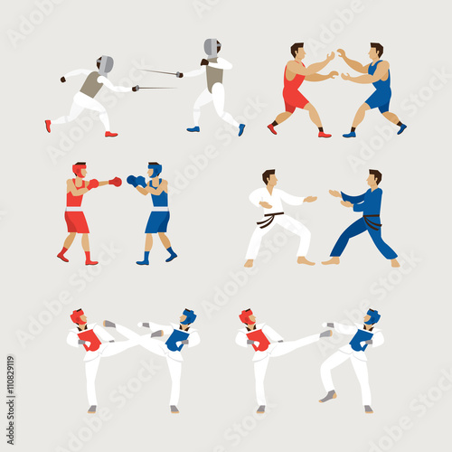 Fighting Sports Athletes, Men Set, Combat Sports, Boxing, Fencing, Wrestling, Taekwondo, Judo