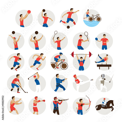 Sports Athletes, Men Icons Set, Athletics, Games, Sportsman, Symbol